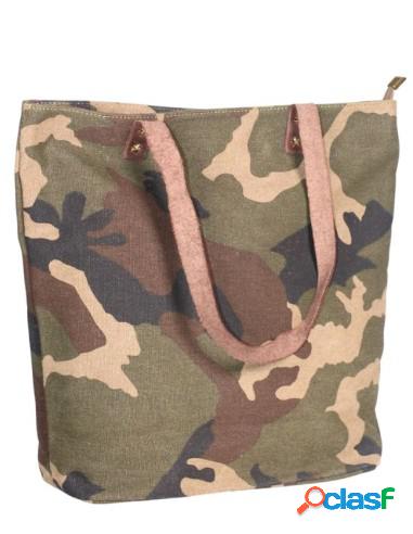 Bolso De Camuflaje Con Tela Y Piel Beige