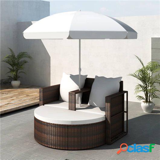 Cama de jardín con sombrilla de ratán sintético marrón