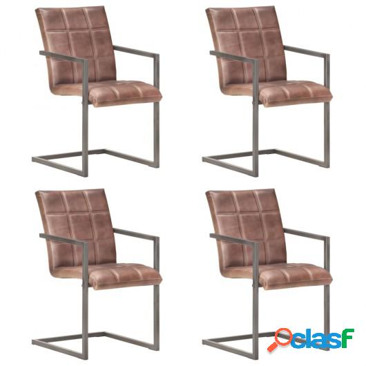 Silla voladiza comedor 4 uds cuero auténtico marrón