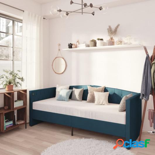 Sofá cama con colchón USB de terciopelo azul 90x200 cm