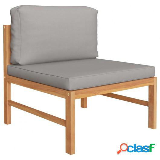 Sofá central de madera maciza de teca con cojines gris