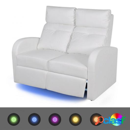 Sofá reclinable LED 2 plazas de cuero artificial blanco