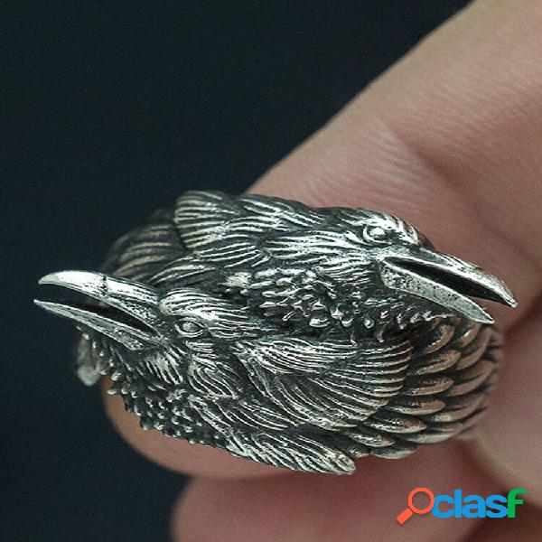 Vintage 925 plateado Mujer anillo dos cuervos hombres anillo