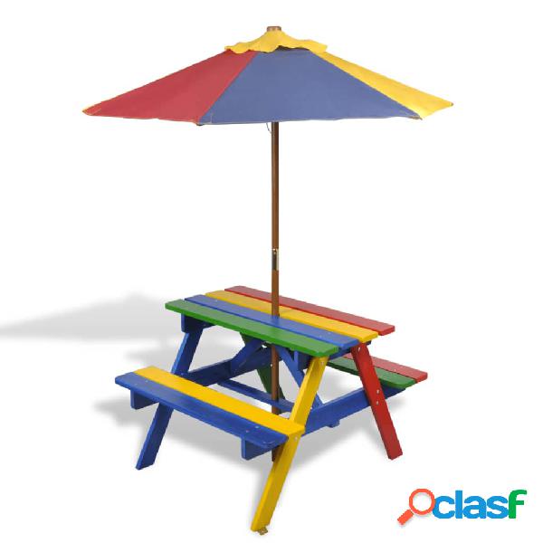 vidaXL Mesa de picnic y bancos de niños y sombrilla madera