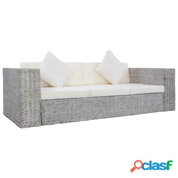vidaXL Sofá de 3 plazas con cojines ratán natural gris