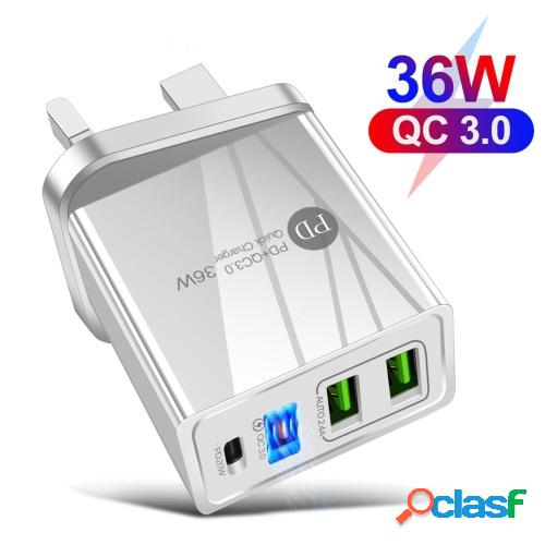 36W PD Quick C-harger F-ast Chargring Adapter con 3 puertos
