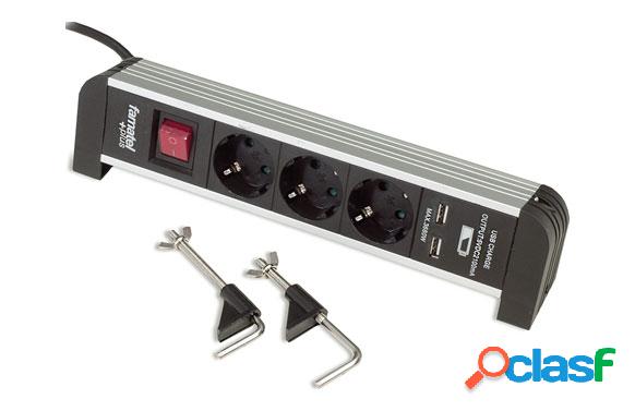 Base Múltiple Famatel 3 Tomas 2 USB 1.5m y soporte de mesa