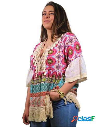 Blusa Mujer Étnica Con Flecos Y Manga Corta Multicolor