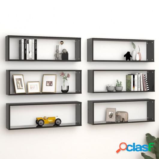 Estantes cubo pared 6 uds aglomerado negro brillo 80x15x26,5