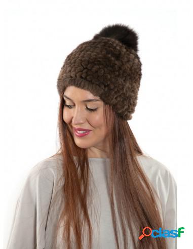 Gorro Invierno De Piel Visón Natural Con Pompón Marrón