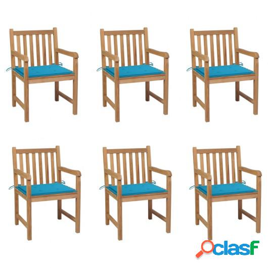Sillas de jardín 6 uds madera maciza de teca cojines azul