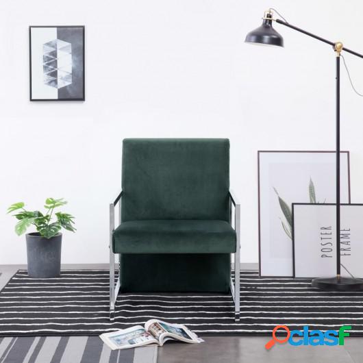 Sillón con patas cromadas de terciopelo verde oscuro