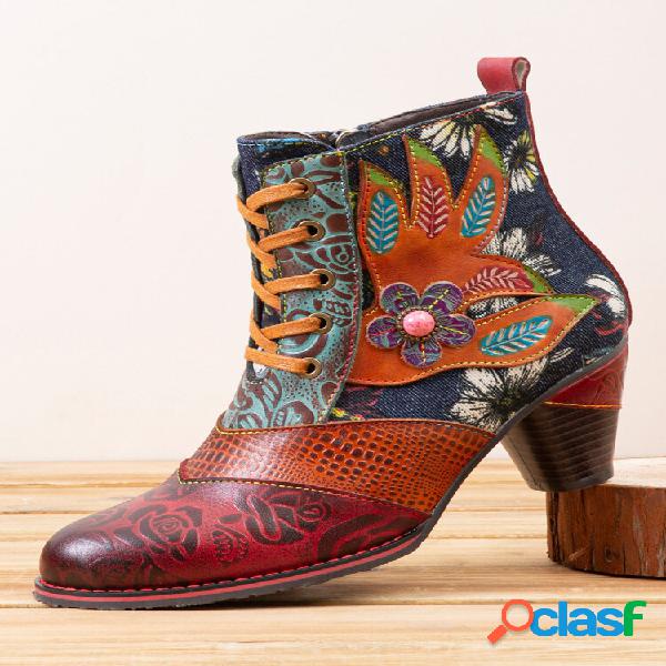 Socofy Retro Flores Estampado Denim Empalme Cuero Cordones