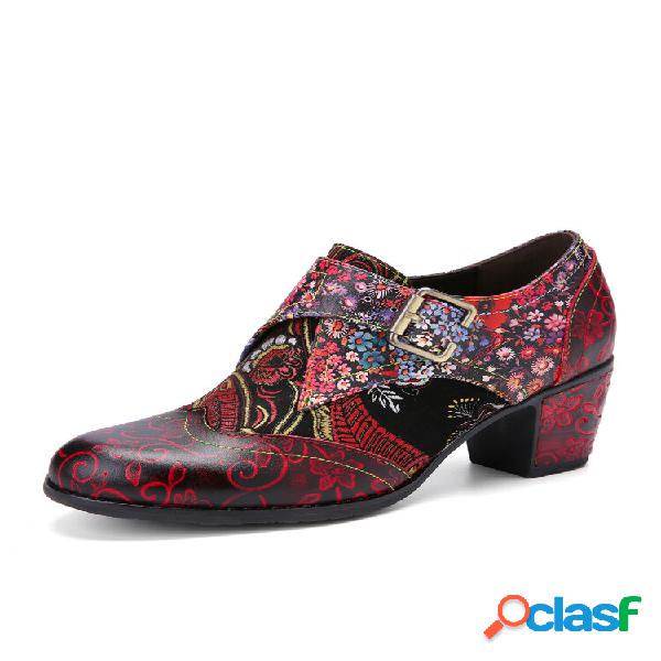 Socofy Retro Jacquard Diseño Zapatos de tacón grueso con