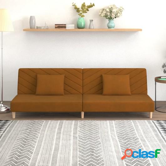 Sofá cama de 2 plazas con dos almohadas terciopelo marrón