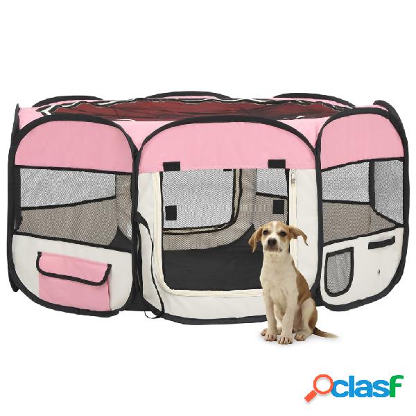 vidaXL Parque de perros plegable y bolsa transporte rosa
