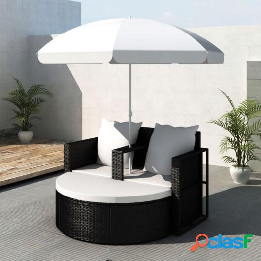 Cama de jardín con sombrilla de ratán sintético negro
