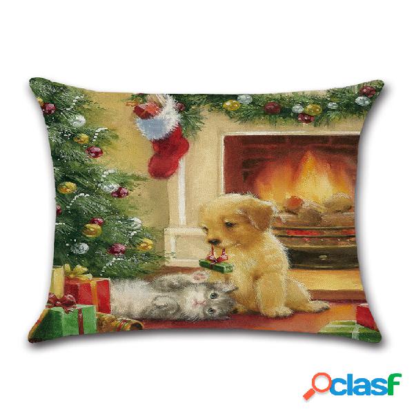 Retro Christmas Santa Doggy Linen Throw Pillow Caso Funda de
