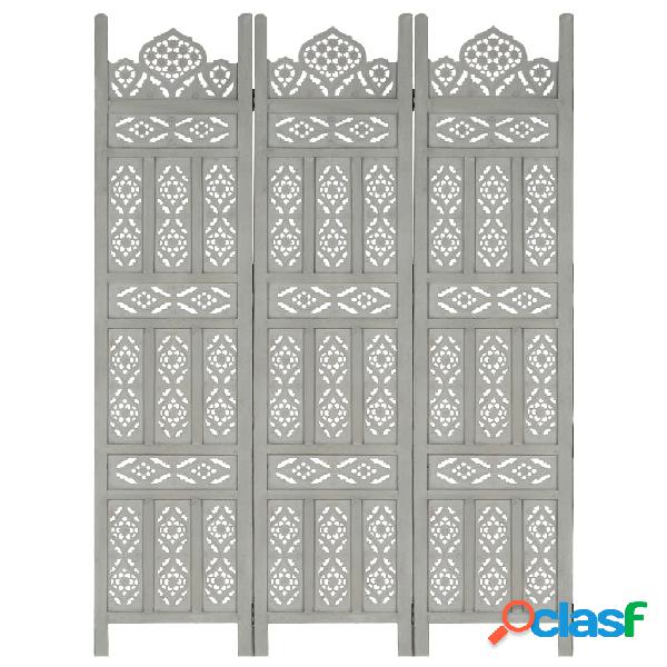 vidaXL Biombo 3 paneles tallado a mano madera de mango gris