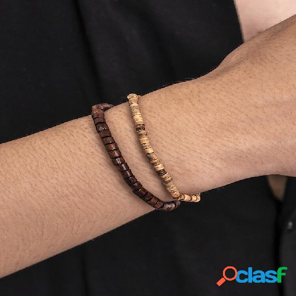 2 pulseras informales étnicas con cuentas de madera de