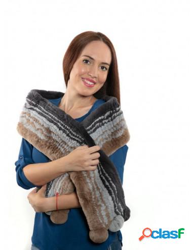 Bufanda Piel De Rex Extra Larga Con Pompones Gris