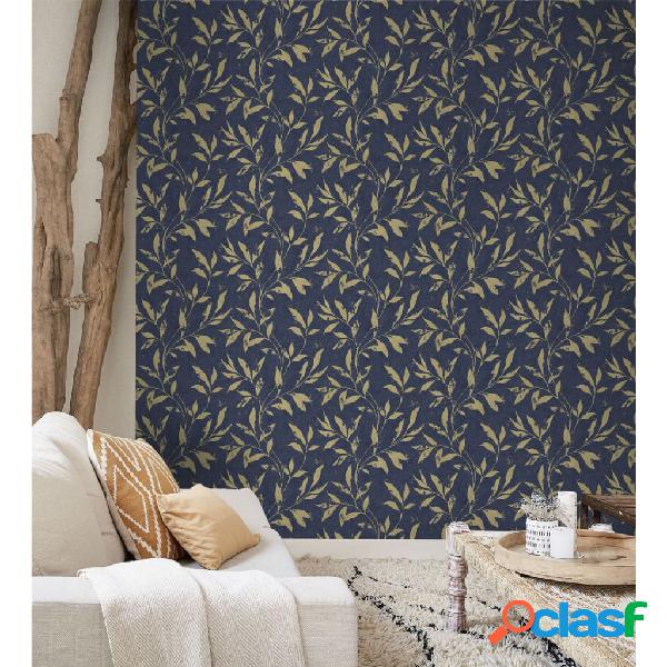 DUTCH WALLCOVERINGS Papel pintado Leafs azul y dorado