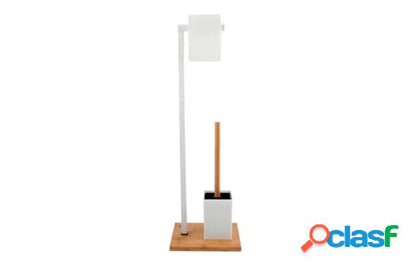 Juego Wc Escobilla Portarollo Bambú Blanco