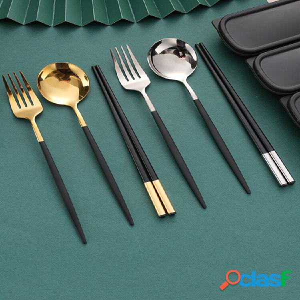 Juego de 4 piezas de oro y plata Black Cubiertos Cuchara