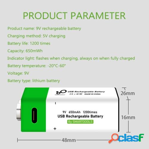Puerto tipo C Batería de litio recargable de 9V 650mAh Alta