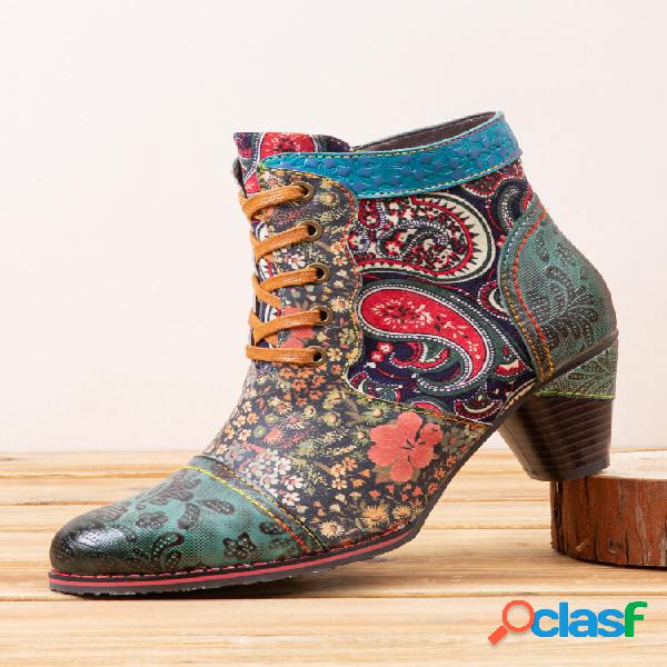 Socofy Retro Paisley Patrón Cuero Patchwork Cordones