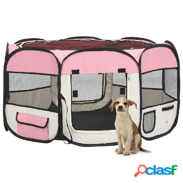 vidaXL Parque de perros plegable y bolsa transporte rosa