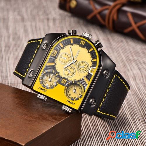 OULM Hombres Tres zonas horarias Banda de cuero Reloj de