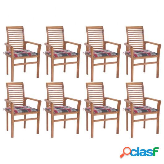 Sillas de comedor 8 uds teca maciza y cojines a cuadros