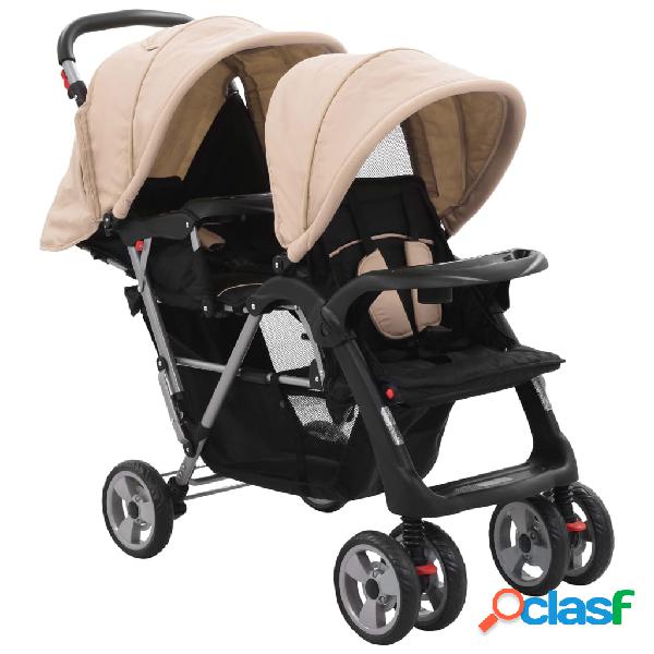 vidaXL Carrito para dos bebés tandem gris taupe y negro de