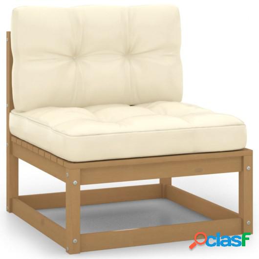Sofá central para jardín y cojines crema madera maciza