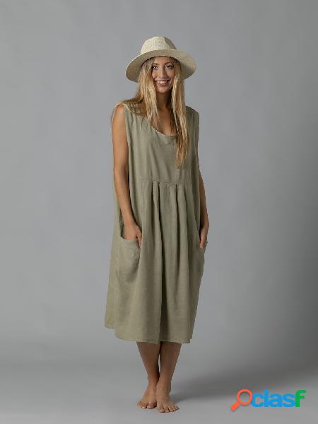 Vestido lino tirante ancho bolsillos Verde claro