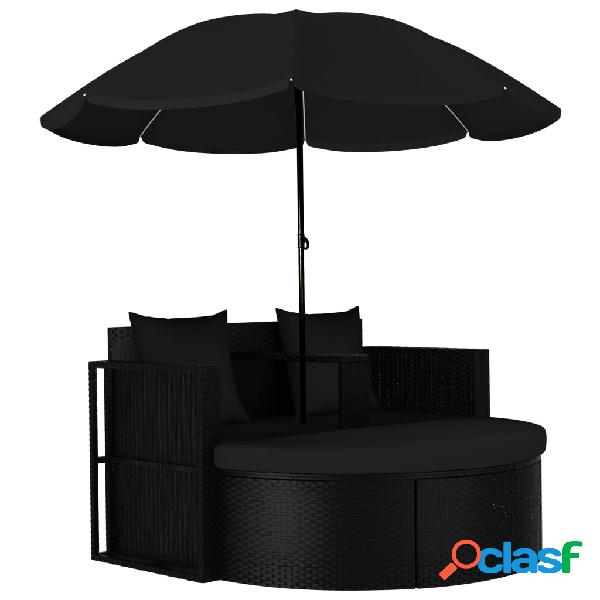 vidaXL Cama de jardín con sombrilla ratán sintético negro