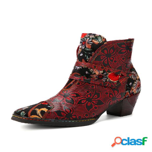 Socofy Casual Tela de retazos de cuero con estampado floral