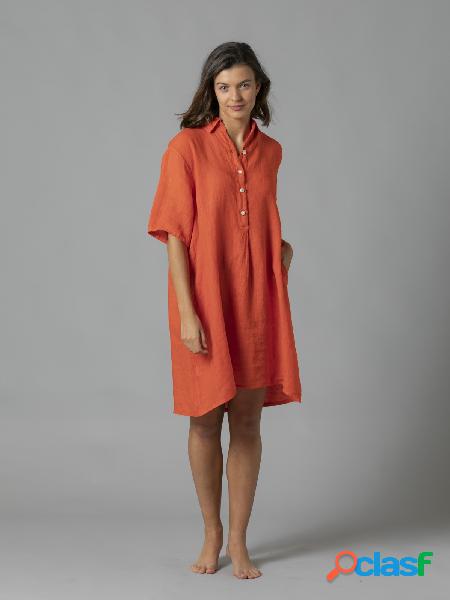 Vestido camisero 100% lino con bolsillos Naranja
