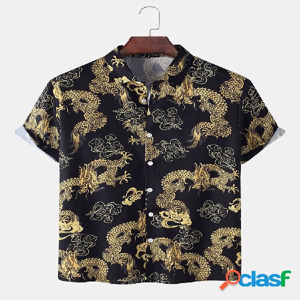 Mens All Over Golden Dragón Print Cotton Relaxed Fit