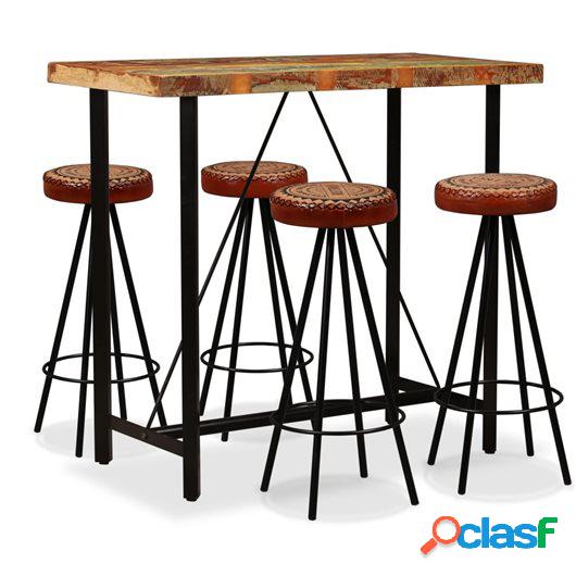 Mesa y 4 taburetes bar madera maciza reciclada cuero real