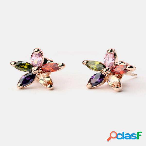 Oro rosa de lujo Pendientes Colorful Flor de circonita