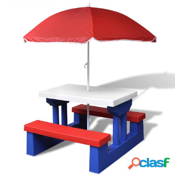 vidaXL Mesa de picnic y bancos para niños y sombrilla