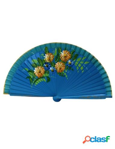 Abanico Artesanal Con Estampado De Margaritas Azul