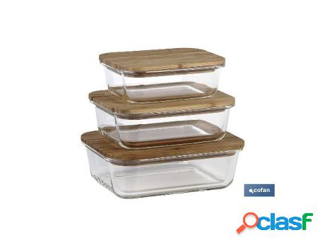 Set de 3 recipientes de borosilicato con tapa de bambú