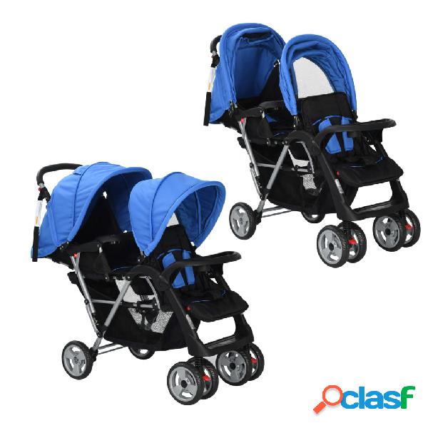 vidaXL Carrito para dos bebés tandem azul y negro de acero