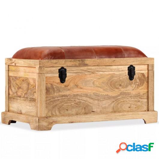 Banco de almacenamiento madera maciza cuero real 80x44x44 cm