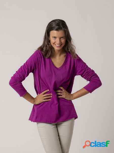 Camiseta algodón escote en pico manga larga Malva
