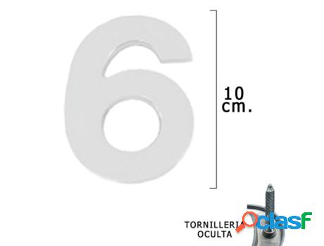Numero metal 6 plateado mate 10 cm. con tornilleria oculta
