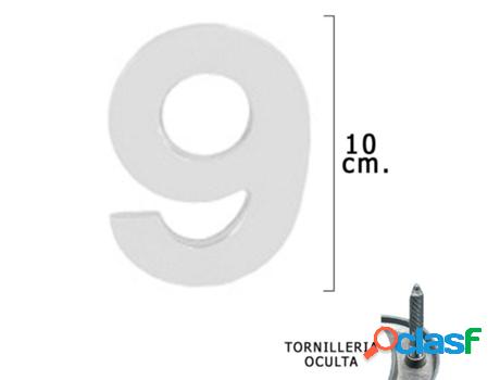 Numero metal 9 plateado mate 10 cm. con tornilleria oculta
